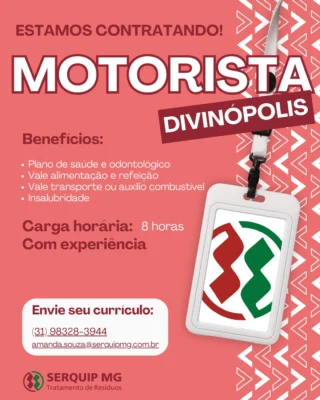 🚨 A Serquip MG está contratando em Divinópolis!

Estamos com oportunidades abertas para integrar nosso time:

🚛 MOTORISTA
* CNH D atualizada
* Curso MOPP atualizado
* Experiência com caminhão 3/4
* Disponibilidade para viagens

💚 Benefícios:
Plano de saúde e odontológico, vale-alimentação, vale-refeição, vale-transporte ou auxílio combustível e adicional de insalubridade.

📍 Local de trabalho: Divinópolis/MG

📲 Quer participar do processo seletivo?
Envie seu currículo pelo WhatsApp (31) 99553-6267 ou pelo e-mail amanda.souza@serquipmg.com.br.

👉 Compartilhe esta oportunidade com alguém que esteja procurando emprego!

#SerquipMG #VemSerSerquip #EstamosContratando #VagaDeEmprego #Divinópolis #EmpregoDivinópolis #OportunidadeDeEmprego #Motorista #Coletor #Recrutamento #MinasGerais